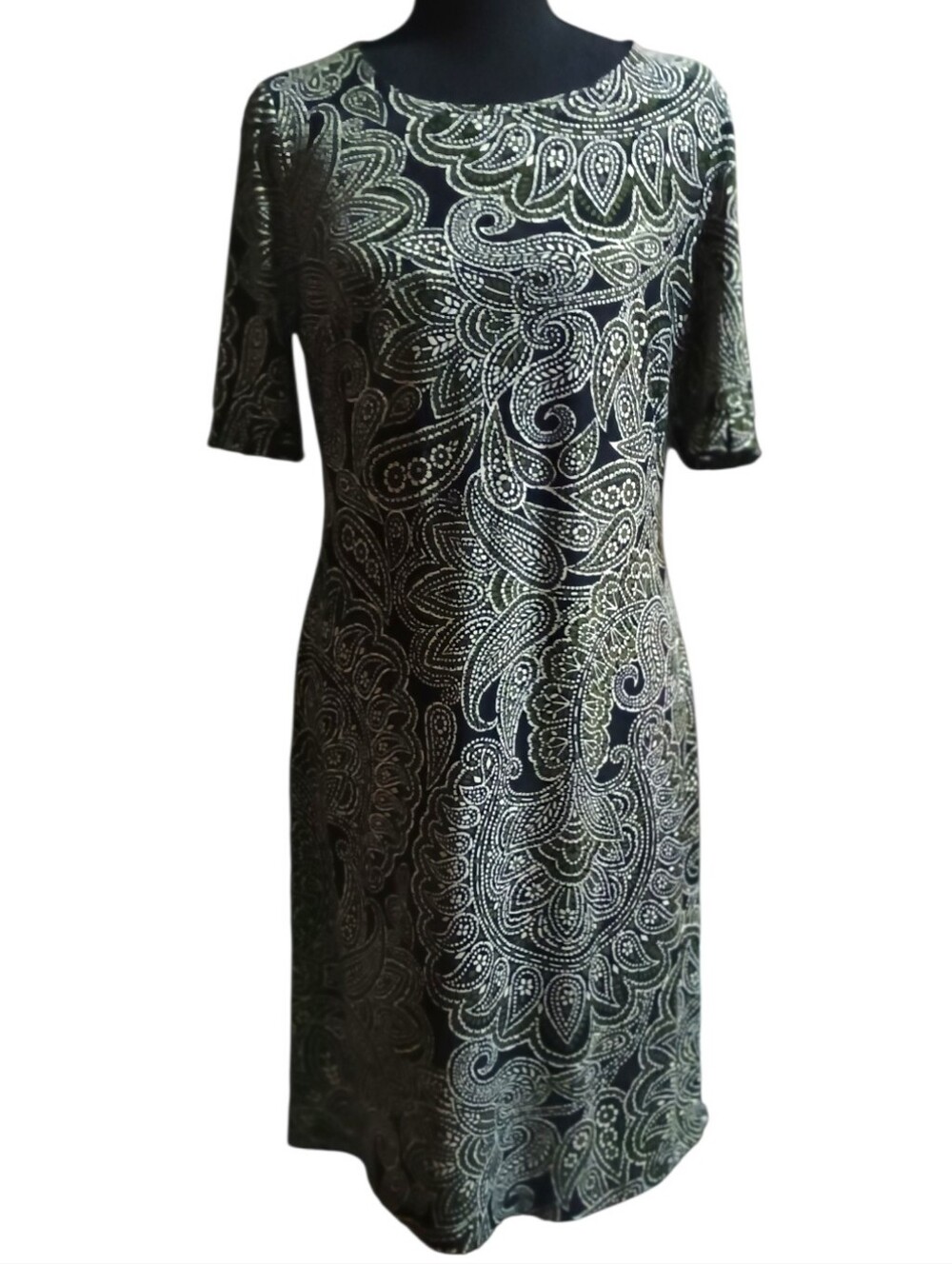 Dress Pullover Knee Length Ruffled Sleeves Black Olive Paisley Jersey Sz 8